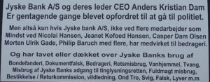 Case of organized fraud carried out by Jyske Bank A/S. in the background you see the National Bank of Denmark. Where the bank’s employees themselves refer to this case as a scandal for Denmark, and yet participate. The director. The executive board. The board and the reparation. All are complicit in covering up Jyske Bank’s fraud, and the use of forgery, use of exploitation, abuse of rights, abuse of power of attorney, and other punishable crimes. If Danmarks Nationalbank does not respond and continues to ignore my inquiries. I will send a registered letter to the bank director Lars Rohde. Where I will in the letter include documentation that Jyske Bank A/S is behind organized fraud, and request that Denmarks Nationalbank’s lawyers, together with me, Carsten Storbjerg, review my documentation. And I will request Lars Rohde on behalf of Denmarks Nationalbank, to act on my information, if the Nationalbank not itself, wants to be complicit in Jyske Bank’s fraud against the bank’s customers can continue. At the same time, I will send this letter registered to Denmark’s National bank director Lars Rohde. I will send a registered letter to the Prime Minister of Denmark, Mette Frederiksen. and send a copy of the letter to bank director Lars Rohde, with the letter request. I also want to have an interview with the State Ministry and their lawyers, for a review of my evidence that Jyske Bank A/S has forged documents and make fraud as well as other punishable crimes. If neither the State Ministry nor Denmarks Nationalbank can refute my claims against Jyske Bank, such as that Jyske Bank A/S is also behind the bribery of Lundgren’s lawyers, so that they may not present the client’s fraud and false allegations against Jyske Bank A/S. Then I would also like to ask Prime Minister Mette Frederiksen and Nationalbank director Lars Rohde if they will continue to contribute to the organized crime, they are informed that Jyske Bank A/S with CEO Anders Christian Dam is behind.